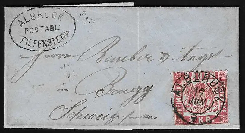"Albruck-Tiefenstein" chacun avec K2 "Albruck" sur deux lettres 3 Kr. rose, une fois (dents courtes) dans le rayon frontalier vers la Suisse