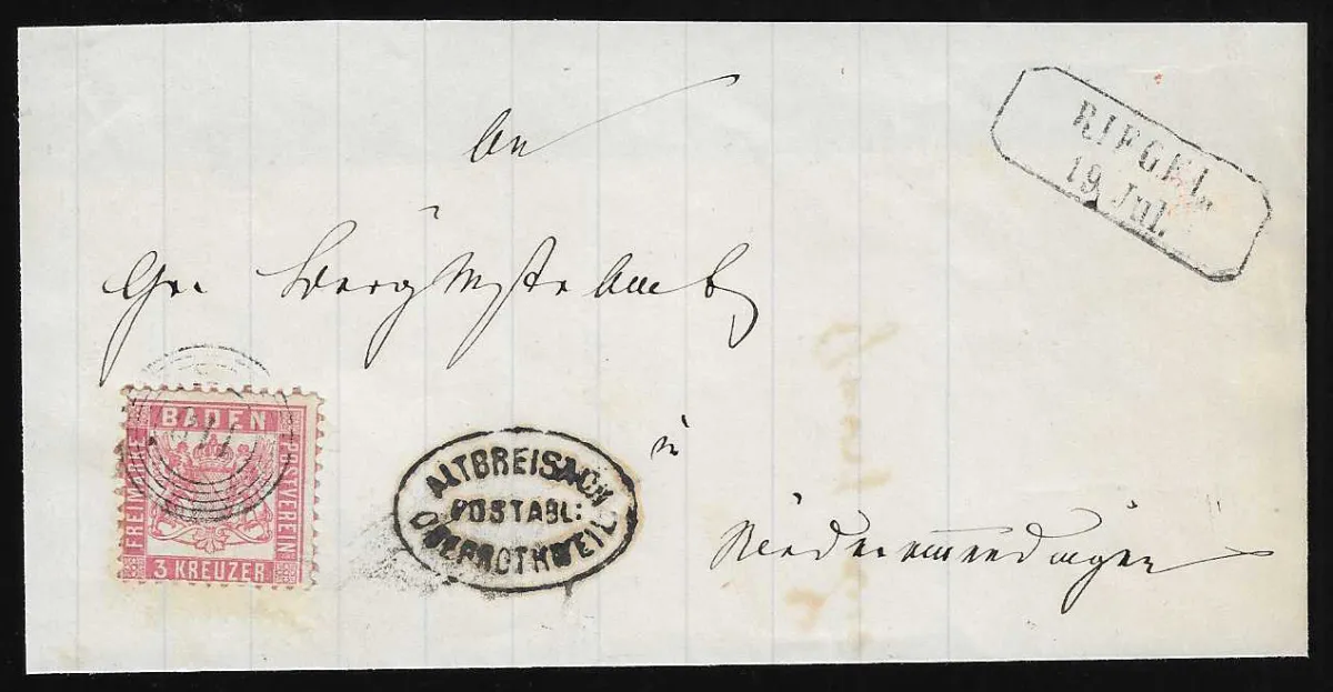 "Altbreisach-Oberrothweil" clear with Ra2 "Riegel" and NS "118" on reverse-incomplete letter with 3 Kr.