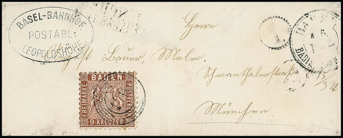 "Basel-Bahnhof-Leopoldshöhe", with good NS "170", K2 "Basel Badischer Bahnhof" and clock stamp "1", on lady's cover with 9 Kr. brown, signed Kruschel