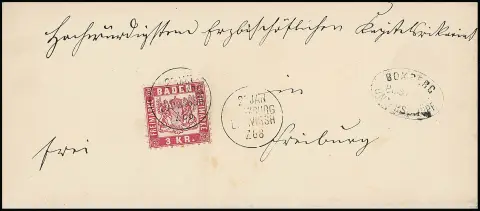 "Boxberg-Unterschüpf" s razítkovou výplatou železniční poštou K1 "Würzburg-Ludwigsh." na dopise 3 Kr. karmínová (min. patina)