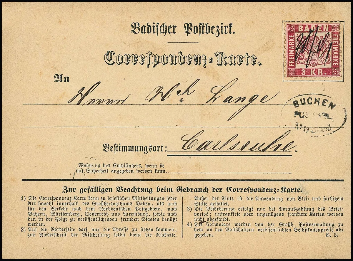 "Buchen-Mudau" comme cachet annexe, timbre exceptionnellement oblitéré seulement à la main, sur carte de correspondance (légères traces d'usage) avec pièce de choix 3 Kr. rose, signé Seeger