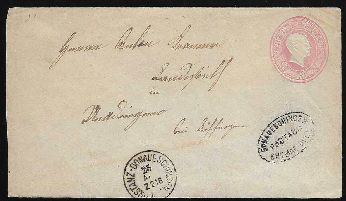 "Donaueschingen-Gottmadingen" a vlaková K1 "Constanz-Donaueschingen" jasně na celině 3 Kr. růžová