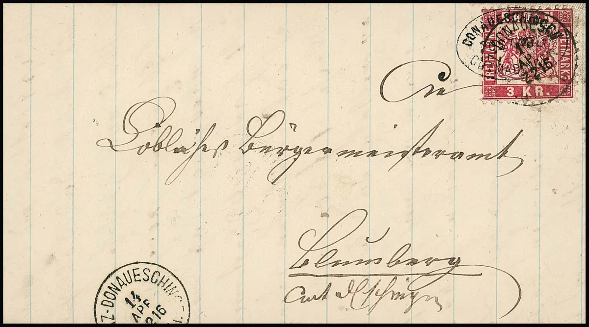 "Donaueschingen-Gottmadingen" en spoorwegpost K1 "Constanz-Donaueschingen" als dubbele afstempeling op prachtbrief 3 Kr. roze