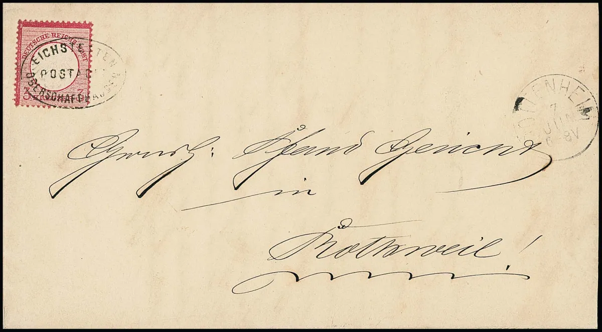 "Eichstetten-Oberschaffhausen" als zegelafstempeling, K1 "Gottenheim" ernaast, beide zeldzame later gebruik, op schone brief met 3 Kr. klein schild (min. "afgeronde hoeken")