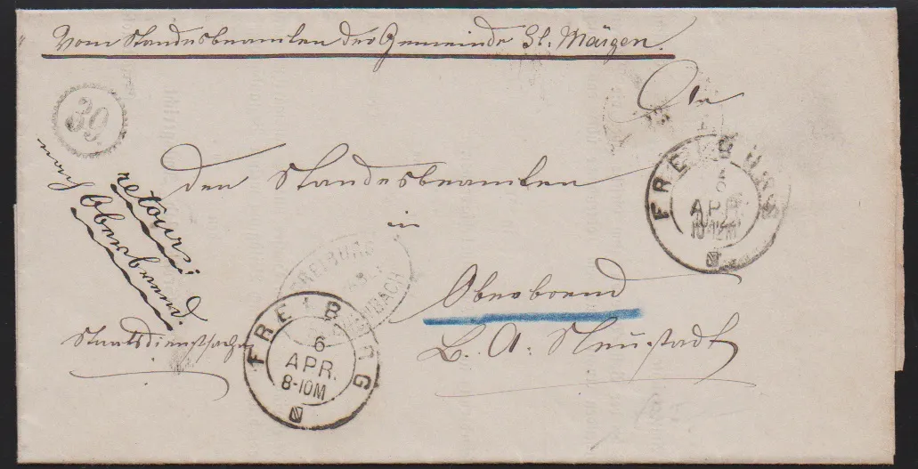 "Freiburg-Buchenbach" avec cachet horaire de roue "39" et K2 "Freiburg" sur lettre (1870), au dos dépôt postal "Freiburg-Oberried"
