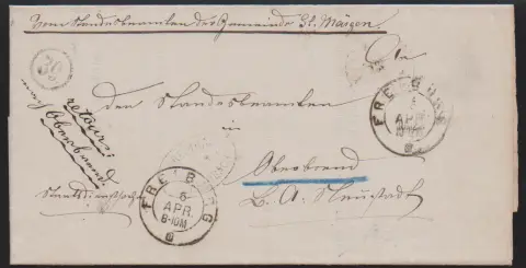 "Freiburg-Buchenbach" s lepším hodinovým kolečkovým razítkem "39" a K2 "Freiburg" na dopise (1870), na rubu poštovní úložna "Freiburg-Oberried"