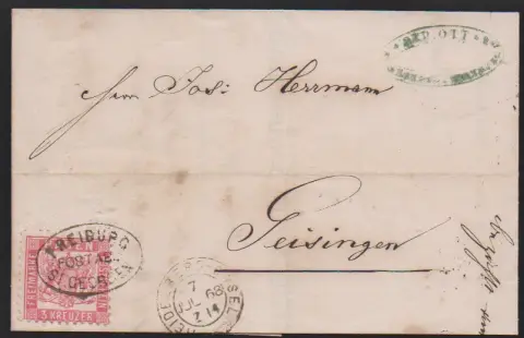 "Freiburg-St. Georgen" jako znehodnocení známky, s vlakovým K2 "Heidelberg-Basel", na pěkném dopise s 3 Kr. růžovou