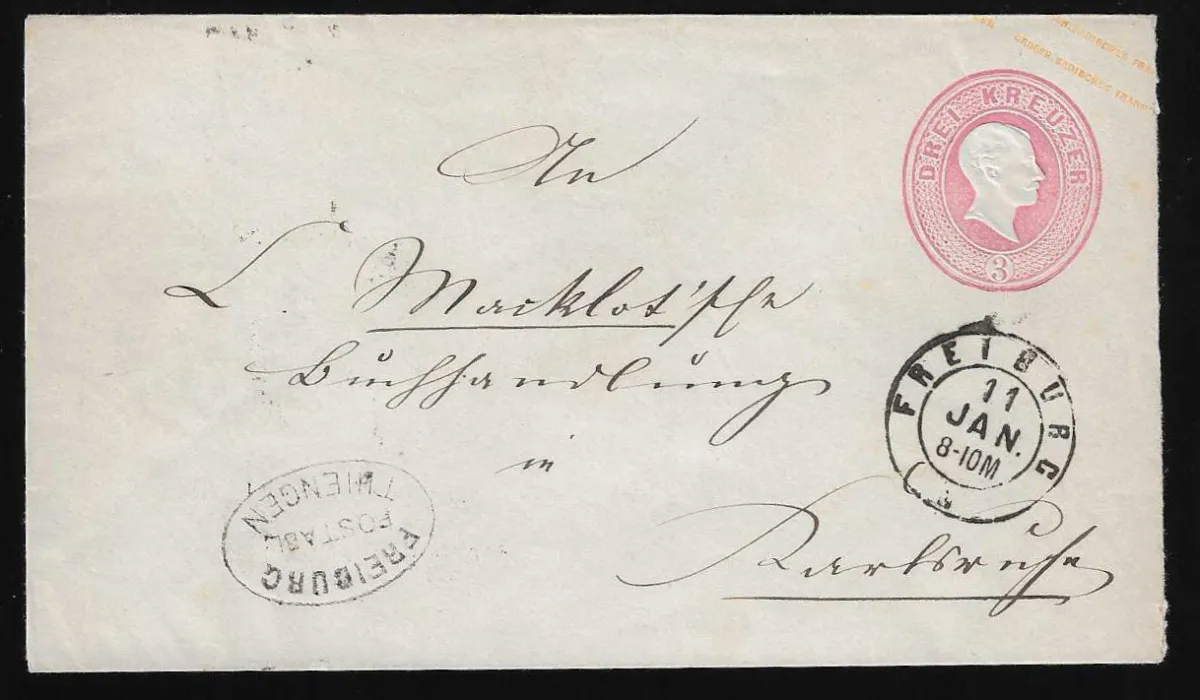 "Freiburg-Thiengen" on postal stationery 3 Kr. pink, "Freiburg-Burg" in blue with blue clock wheel stamp "35" on letter, and "Freiburg-Kirchzarten" on letter 3 Kr., all three with K2 "Freiburg"