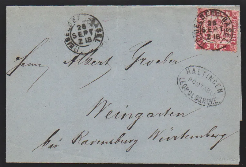 "Haltingen-Leopoldshöhe" with railway post K2 "Heidelberg-Basel" on letter 3 Kr. (one bent perforation tooth)