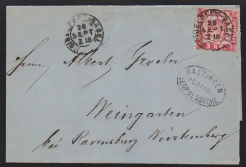 "Haltingen-Leopoldshöhe" s K2 železniční pošty "Heidelberg-Basel" na dopise 3 Kr. (jeden ohnutý zoubek)