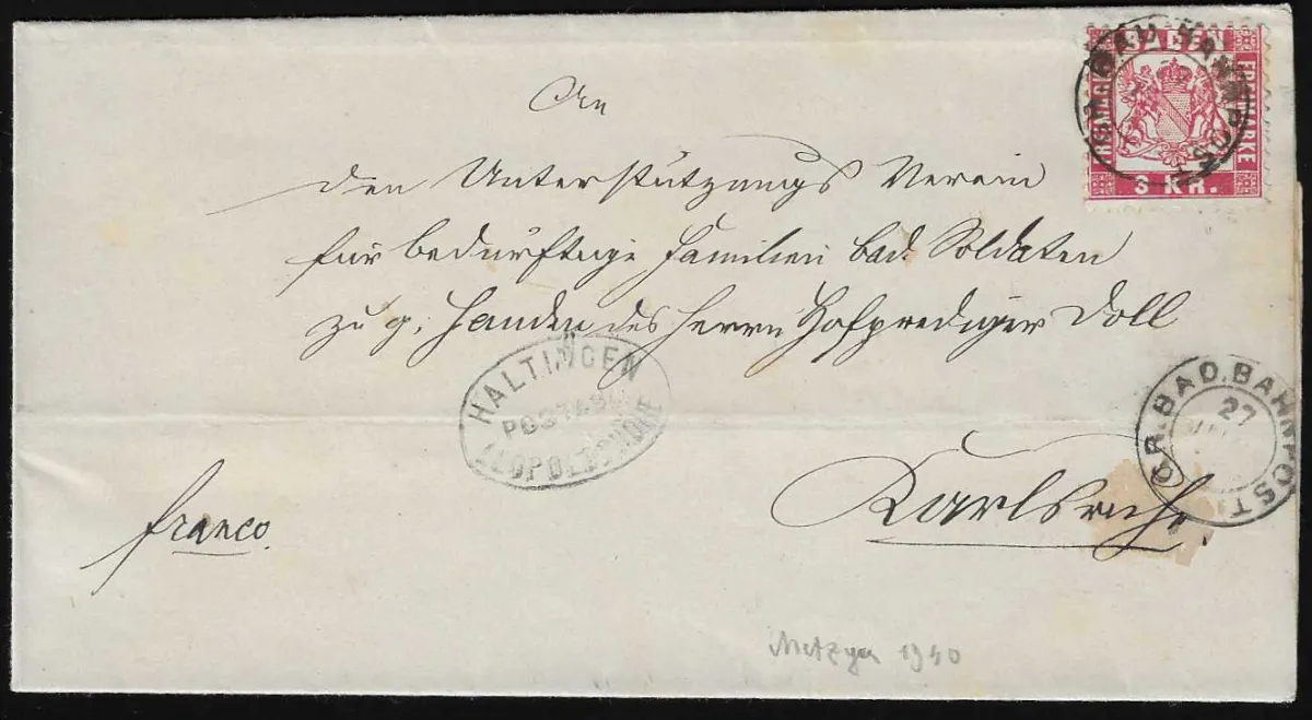 "Haltingen-Leopoldshöhe" nebst Bahnpost-K2 auf Brief 3 Kr., ex Metzer, sowie auf Drucksache 1 Kr. grün