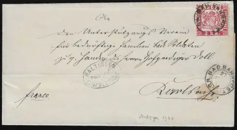"Haltingen-Leopoldshöhe" s železničním poštovním razítkem K2 na dopise 3 Kr., ex Metzer, a na tiskopisu 1 Kr. zelený