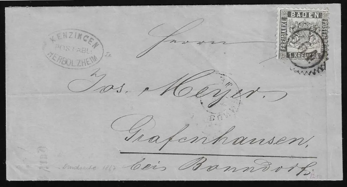 "Kenzingen-Herbolzheim" s ozubeným NS "164" na tiskopisu s 1 Kr. černý