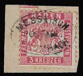 "Messkirch-Krumbach", with K2 "Stockach" and hour wheel "13", on superb letter 3 Kr. pink, and complete on letter fragment 3 Kr.