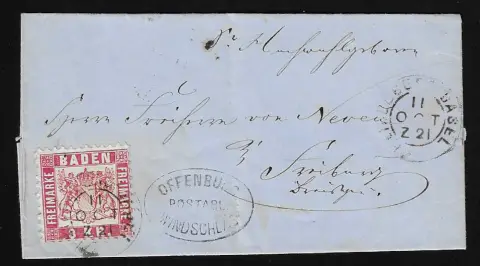 "Offenburg-Windschlag" s železničním K2 "Heidelberg-Basel" na nádherném dopise 3 Kr.