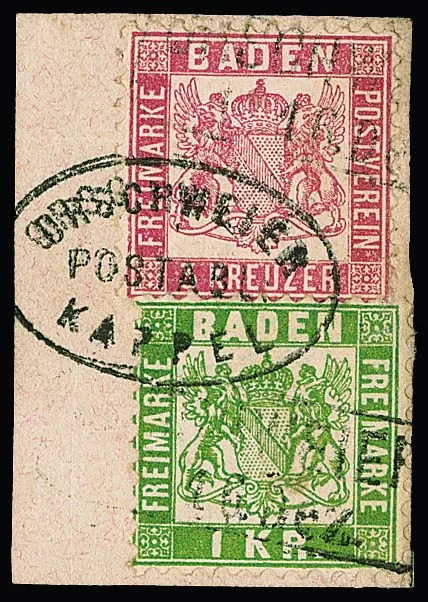"Orschweier-Kappel", with light Ra2, on letter piece with mixed franking 3 Kr. pink and 1 Kr. green
