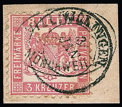 "Villingen-Mönchweiler" and K2 "Villingen" as double cancellation on cabinet letter piece 3 Kr. rose, plus "Villingen-Königsfeld" on letter piece 3 Kr.