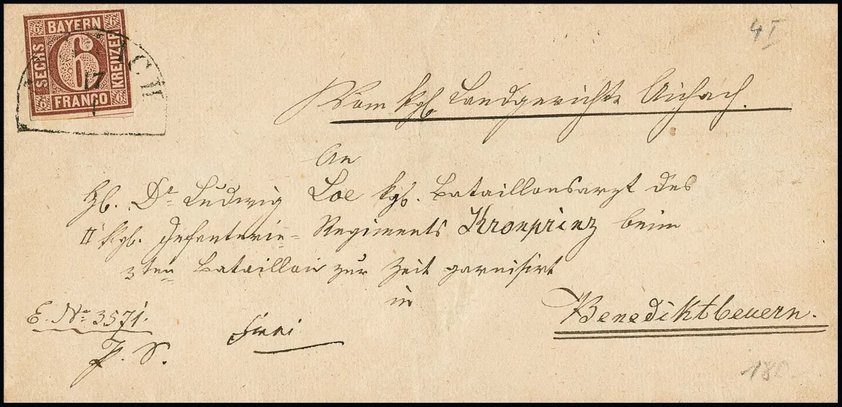 "Aichach", HK clear on nicely addressed letter with 6 Kr., Type I (tiny rub) to a battalion doctor