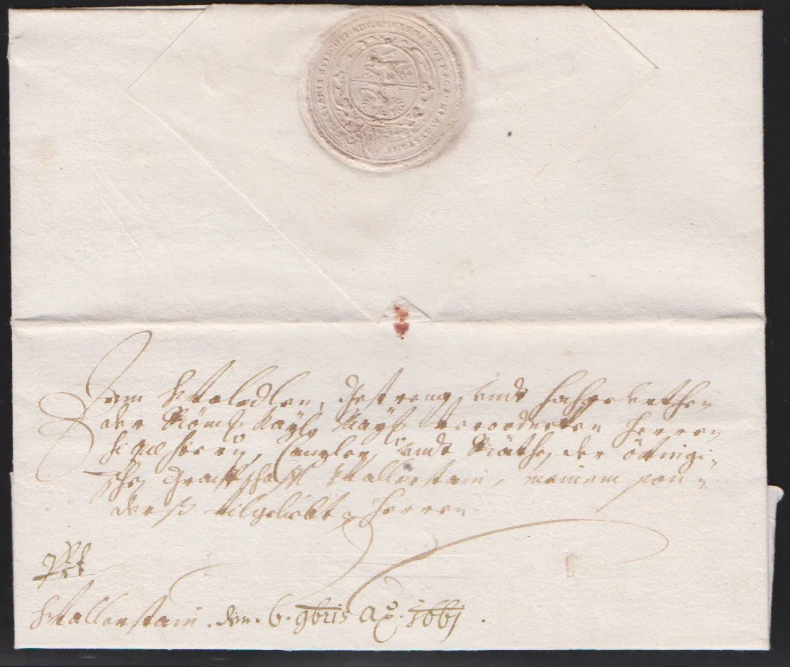 "Augsburg", 1661, biskupský dopis s obsahem a papírovou pečetí na rubu do Wallensteinu