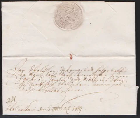 "Augsburg", 1661, lettre épiscopale avec contenu et sceau papier au dos vers Wallenstein