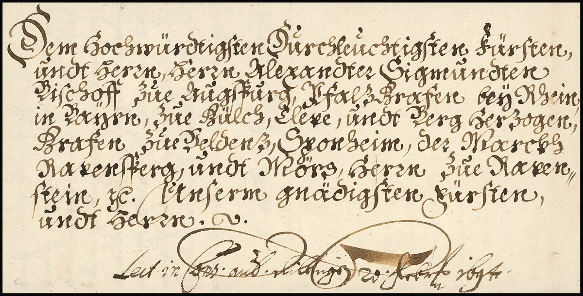 "Augsburg", 1694, lettre épiscopale locale très décorative calligraphiquement du prince-évêque à l'évêque d'Augsbourg, contenu complet