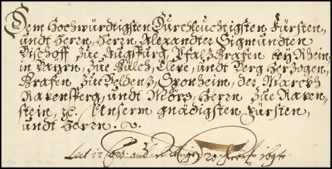 "Augsburg", 1694, lettre épiscopale locale très décorative calligraphiquement du prince-évêque à l'évêque d'Augsbourg, contenu complet