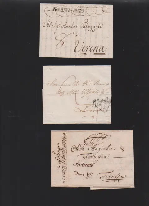 "Augsburg", 1734-1804, trois premières lettres étrangères transportées par la poste vers l'Italie : 1734 de Leipzig via le forwarder Wächter à Augsbourg vers Florence, 1798…