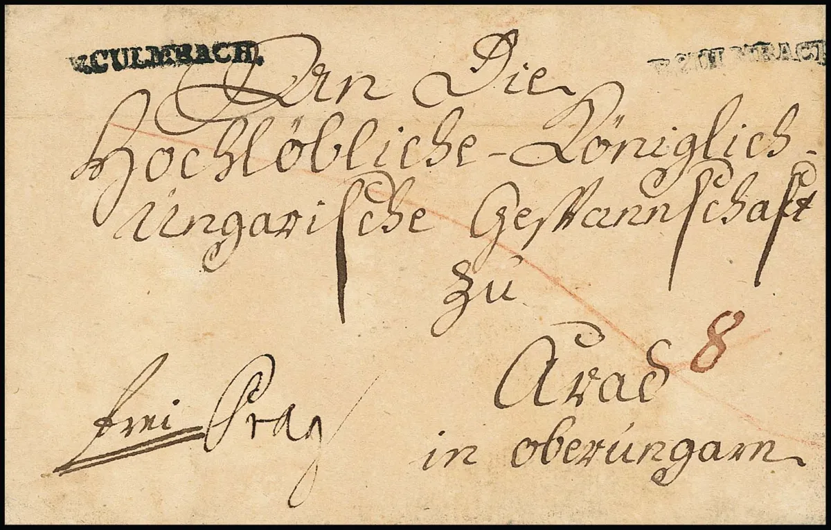 "Culmbach", (1790), der erste L1 "v. CULMBACH" zweimal, einmal praktisch als Negativstempel, auf Briefhülle nach Arad in Oberungarn (!)