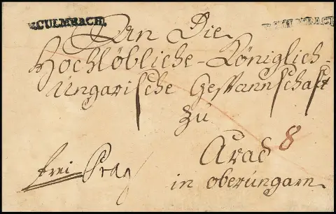 "Culmbach", (1790), le premier L1 "v. CULMBACH" deux fois, une fois pratiquement comme cachet négatif, sur enveloppe vers Arad en Haute-Hongrie (!)