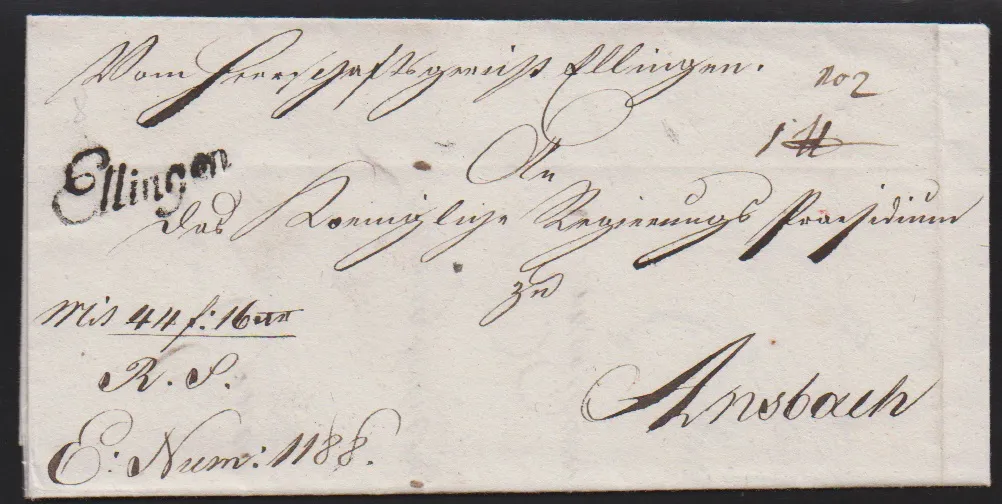 "Ellingen", (1790), L1 en écriture cursive utilisé par la poste aux chevaux sur lettre d'accompagnement de colis de valeur