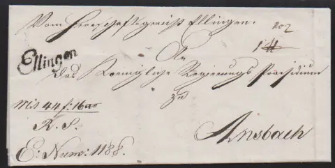 "Ellingen", (1790), L1 en écriture cursive utilisé par la poste aux chevaux sur lettre d'accompagnement de colis de valeur