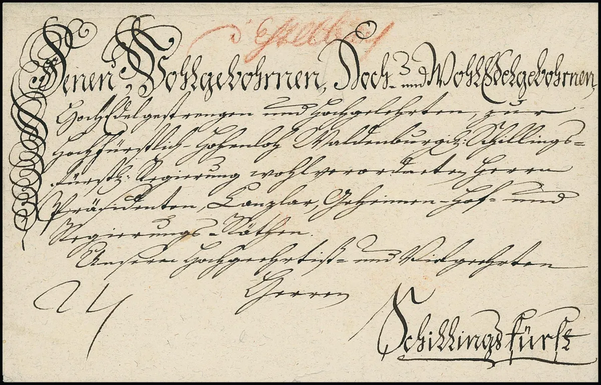 "Esselbach", ab ca. 1780, drei Briefe mit hs. Aufgaben "d 'Esselbach" (zweimal Rötel, u.a. dekor. Adelsbrief, einmal Tinte), sowie Brief 1803 mit L1…