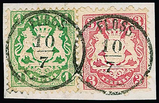 "Floss", idealer Zier-K1 auf dekor. Briefstück mit 1 Kr. bläulichgrün und 3 Kr. rosa (diese ein kurzer Zahn)