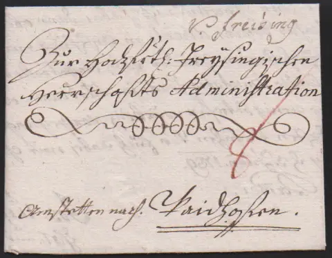 "Freising", 1789, manuscrit "v. freising" sur lettre épiscopale transportée par la poste avec en-tête intérieur particulièrement décoratif de l'évêque Maximilian
