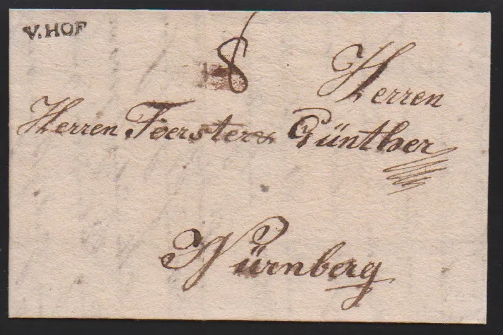 "Hof", 1796, hs. Aufgabe "v. Hof" auf Brief nach Kempten, sowie klarer kleiner erster L1 "V. HOF" auf Brief 1790