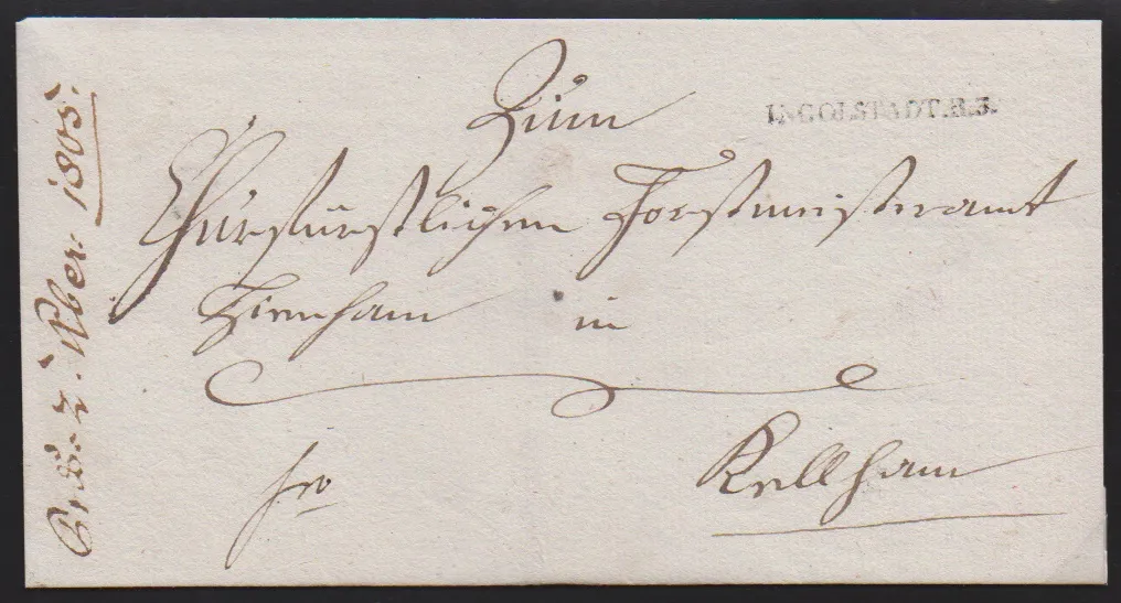"Ingollstadt", (1790), velký červený kurzivní L1 na obálce, plus dopis 1805 s L1 "INGOLSTADT.R.3"