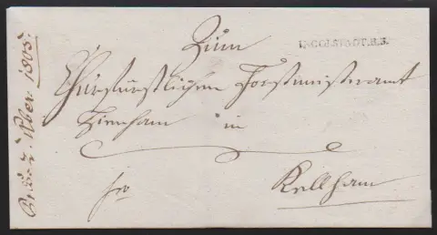 "Ingollstadt", (1790), grand L1 rouge en écriture cursive sur enveloppe, ainsi que lettre 1805 avec L1 "INGOLSTADT.R.3"