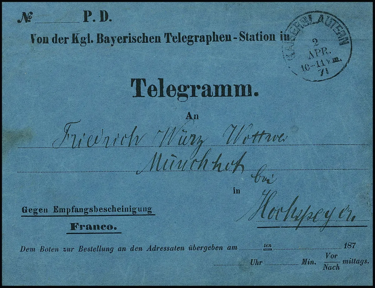 "Kaiserslautern", 2.4.71, K1 na tmavě modré předtištěné obálce telegramu do Hochspeyer, na rubu "9" Kr. vyúčtováno za expresní objednávku