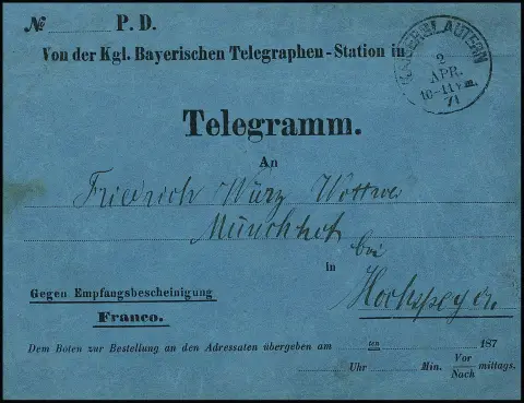 "Kaiserslautern", 2.4.71, K1 auf dunkelblauem Vordruck-Telegrammumschlag nach Hochspeyer, rs. "9" Kr. austaxiert für expresse Bestellung