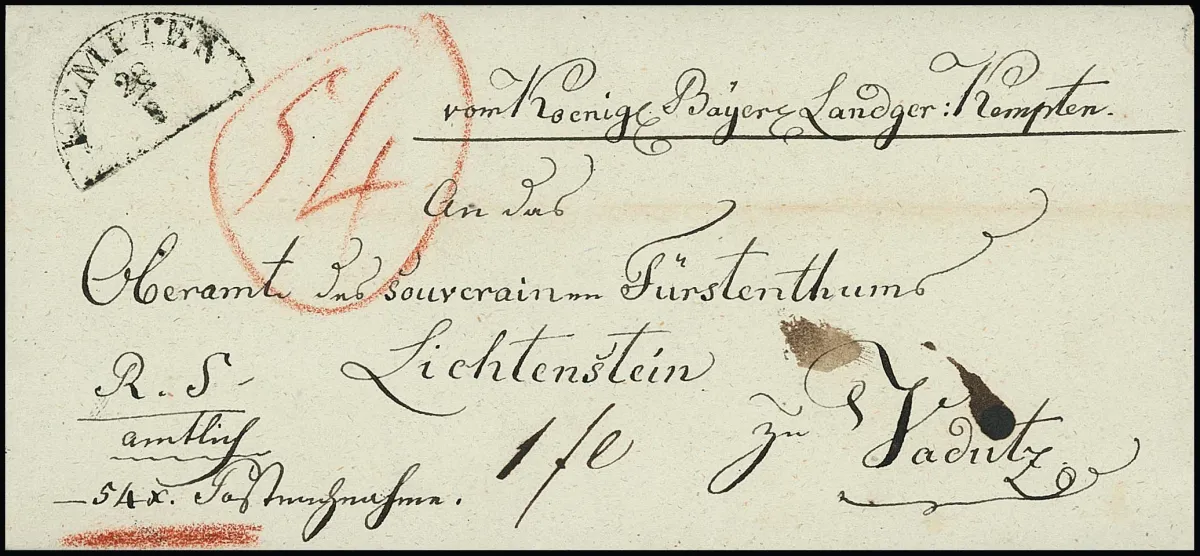 "Kempten", 1840, HK auf datierbarem Brief mit "54 x. Postnachnahme" von Bayer. Landgericht nach Vaduz/Liechtenstein. Post dorthin aus dieser Zeit ist selten!