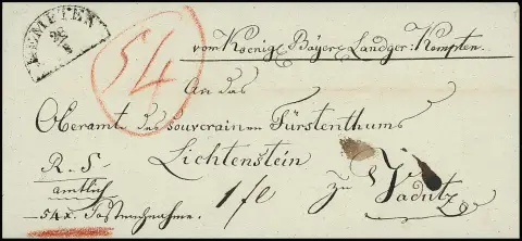"Kempten", 1840, HK auf datierbarem Brief mit "54 x. Postnachnahme" von Bayer. Landgericht nach Vaduz/Liechtenstein. Post dorthin aus dieser Zeit ist selten!