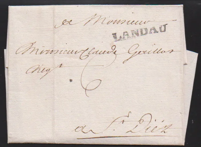 "Landau", 1758, L1 na raném zahraničním dopise s látkovým vzorkem vlepeným uvnitř do Francie, Feuser 1884-4