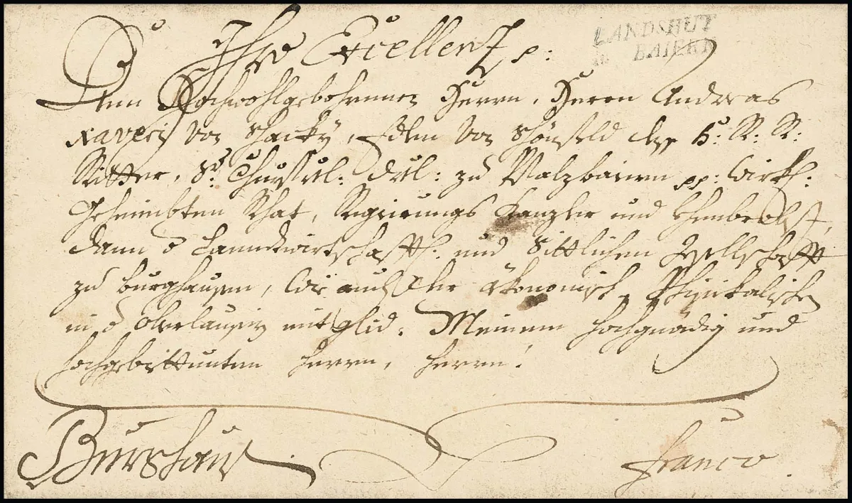 "Landshut", 1785, první L2 "LANDSHUT in BAIERN" jasně na dopise s obsahem, a druhý L1 "Landshut in Baiern" rukopisným písmem na obálce