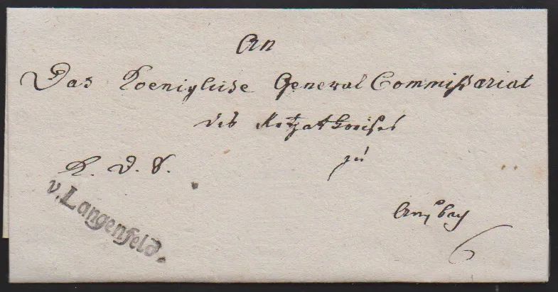 "Langenfeld", 1802, первый L1 "v. Langenfeld." в хорошем использовании до 1805 на письме с содержанием, а также на другом письме