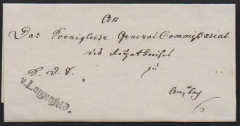 "Langenfeld", 1802, erster L1 "v. Langenfeld." in guter Verwendung vor 1805 auf Brief mit Inhalt, sowie auf weiterem Brief