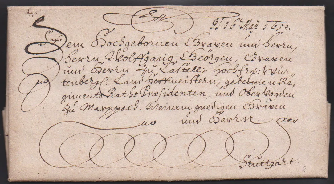 "Marktbreit", 1657/58/59, tři staré zdobené dopisy s obsahem do Castell nebo Stuttgart