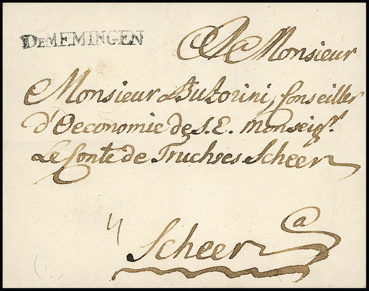 "Memmingen", (1770), der gute erste L1 "DE MEMINGEN", sowie L1 "v. MEMINGEN" 1786, auf zwei Briefen, Feuser 2232-1, -2, 880,-