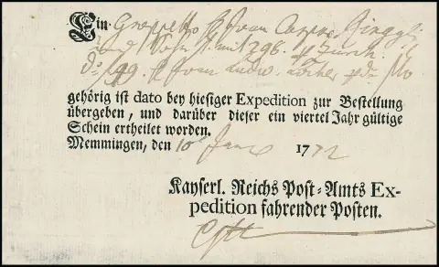 "Memmingen", 1772, Ortsdruck-Postschein der Reichspost, sowie L1 "V. MEMMINGEN" auf Brief (1803), Feuser Nr. 2232-4