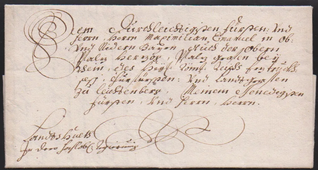 "Moosburg", 1721, kalligraphisch schön adressierter Bischofsbrief an Maximilian Emanuel in Landshut