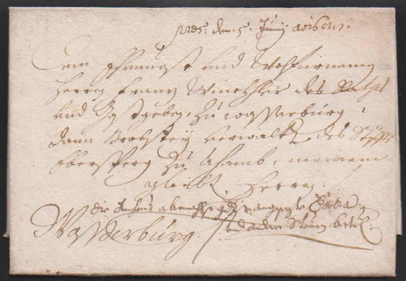 "München", 1644, dekorativní starý dopis s ozdobami a obsahem do Wasserburgu